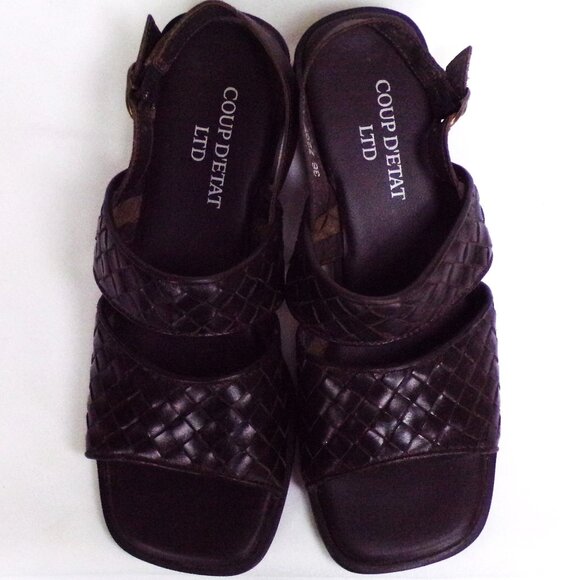 COUP D'ETAT LTD size 6.5M brown low-heel sandals woven-strap leather uppers - Picture 11 of 16